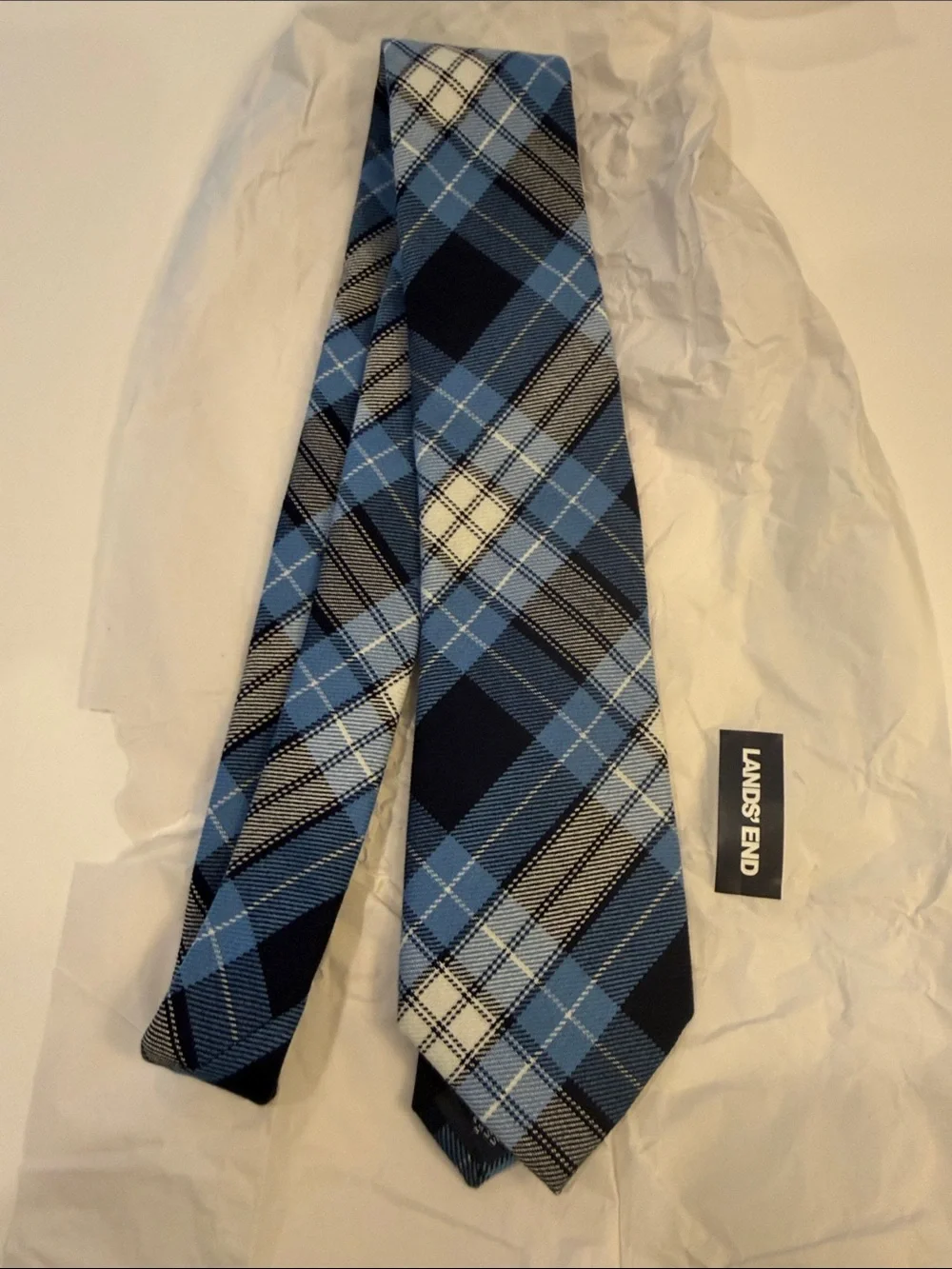 Lands' End Blue and White Plaid Men's Tie